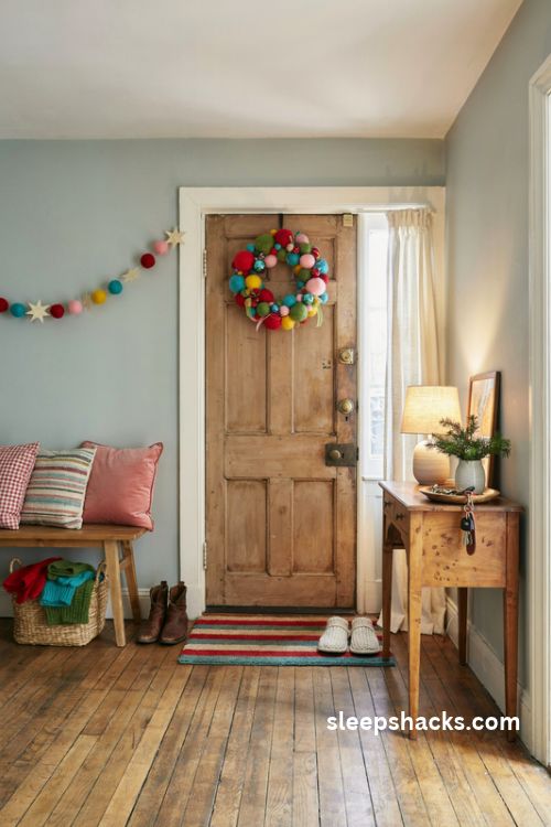 Colorful christmas entryway with a bright wreath patterned doormat and festive cushions