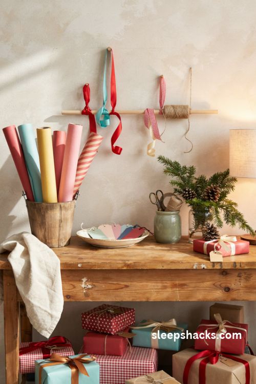 Colorful christmas gift wrapping station with bright ribbons patterned paper and greenery