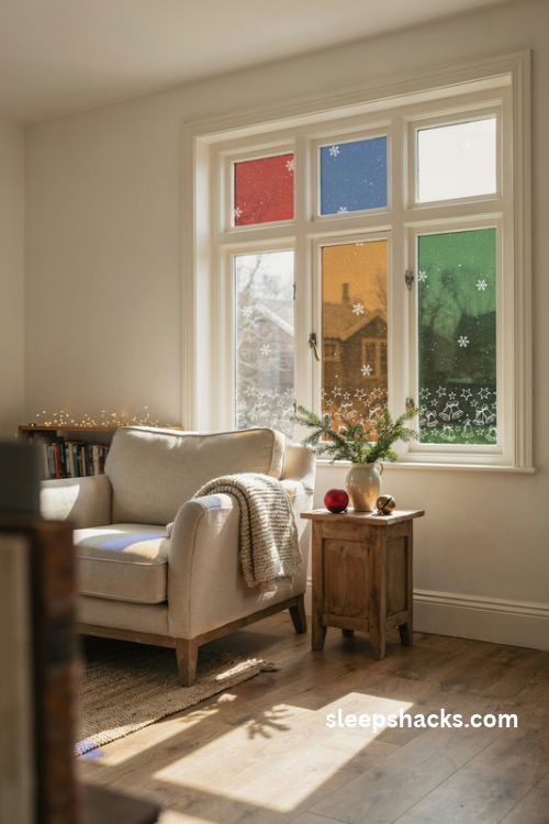 Colorful christmas stained glass window clings casting red blue orange and green sunlight