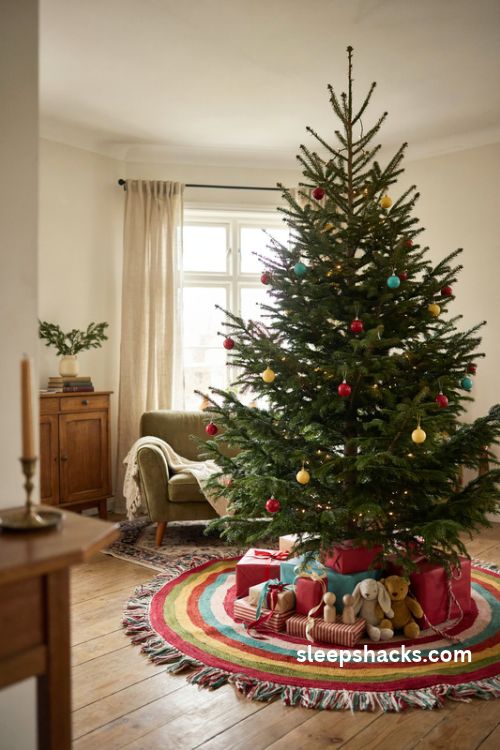 Colorful christmas tree skirt with bright stripes fringe and presents beneath the tree