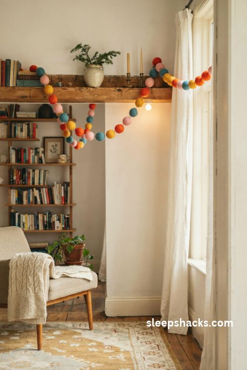 Colorful felt pom pom christmas garland draped across a cozy mantel and window