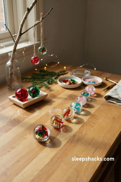 Colorful fused glass confetti christmas baubles with red green and gold shards