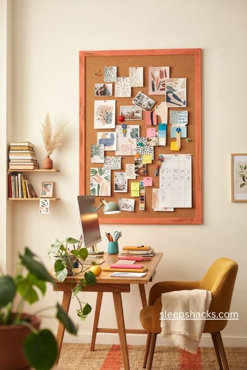 Colorful inspiration board in a funky home office with bright pushpins creative collage and personalized wall decor 