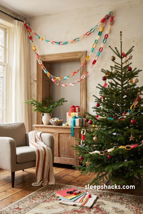 Colorful paper chain christmas garland draped across a doorway and christmas tree