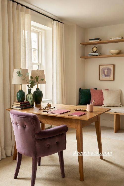 Colourful home office with amethyst velvet chair emerald lamps and hot pink accents