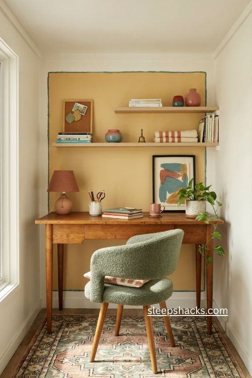Colourful home office with warm wooden desk sage green chair and cheerful decor