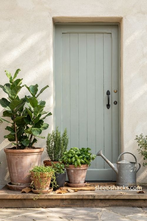 Container garden by the back door with terracotta herb pots and trailing greenery