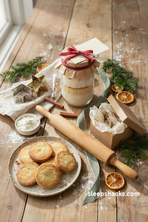 Cookie mix and cutter set in a jar with sugar cookie ingredients and rustic christmas gift wrapping