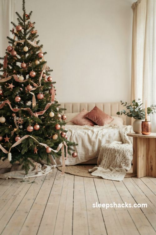 Copper and blush pink christmas tree with dusty rose velvet ribbons and cream ornaments