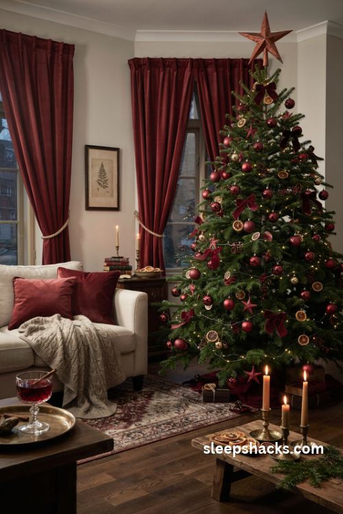 Copper and burgundy christmas tree with velvet bows dried oranges and warm lights