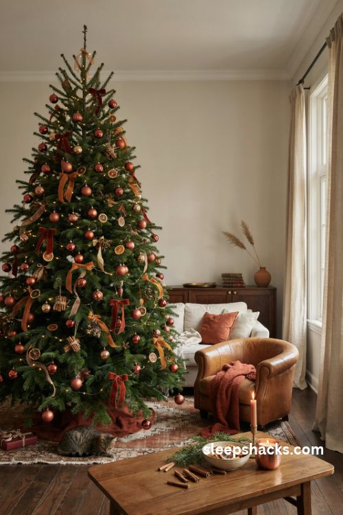 Copper and burnt orange christmas tree with dried citrus and rust velvet ribbons