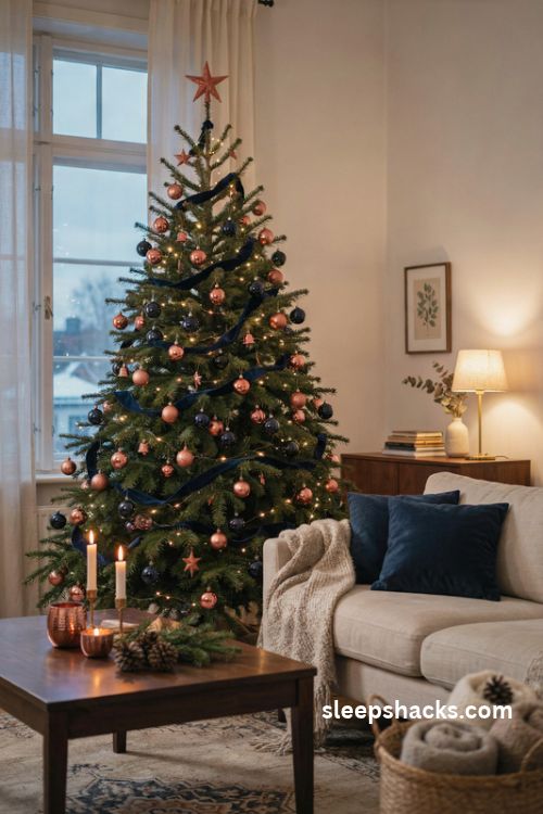 Copper and deep navy christmas tree with velvet ribbon and warm white lights