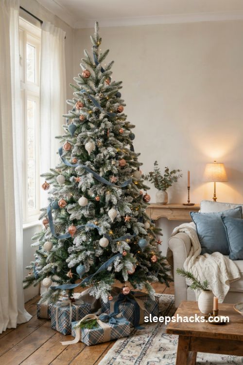 Copper and dusty blue christmas tree with vintage ceramic ornaments and plaid gifts