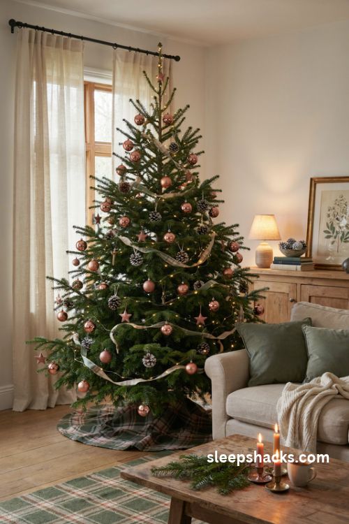Copper and forest green christmas tree with plaid ribbon and natural pinecones