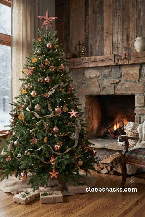 Copper and forest green christmas tree with rustic wooden beads and dried orange ornaments