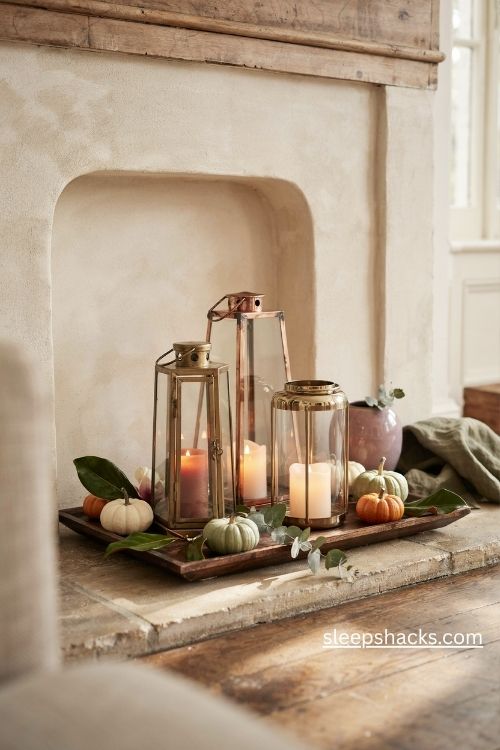 Copper and gold lantern decor with autumn pumpkins and elegant warm candlelight 