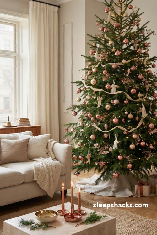 Copper and gold mixed metal christmas tree with cream ornaments and warm elegant decor