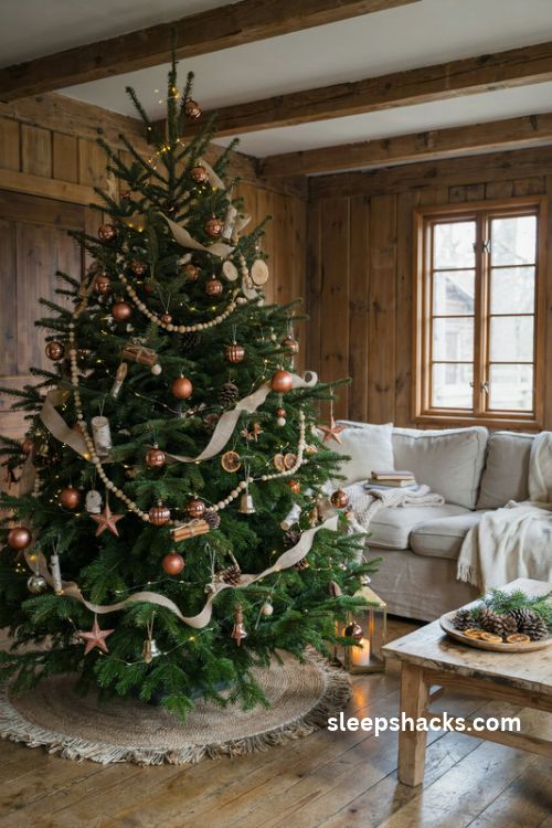 Copper and natural wood christmas tree with wooden bead garland and dried citrus