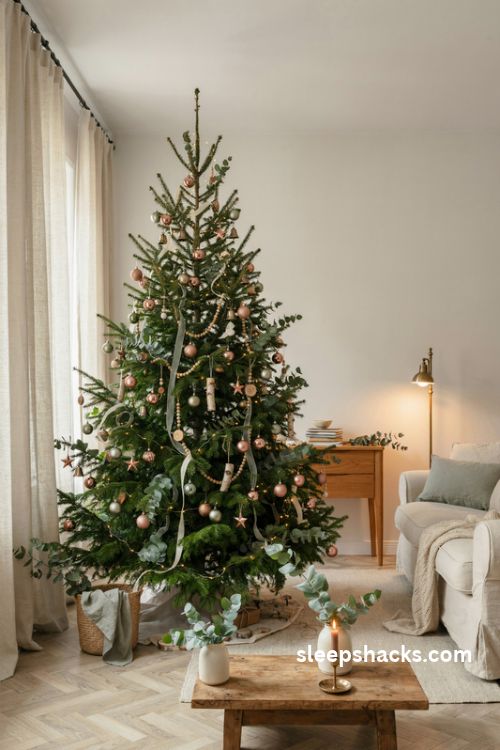 Copper and sage green christmas tree with eucalyptus branches and natural wood ornaments