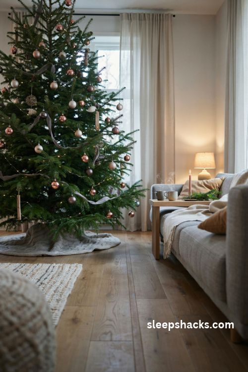 Copper and soft gray christmas tree decor with camel accents and cozy wool textures