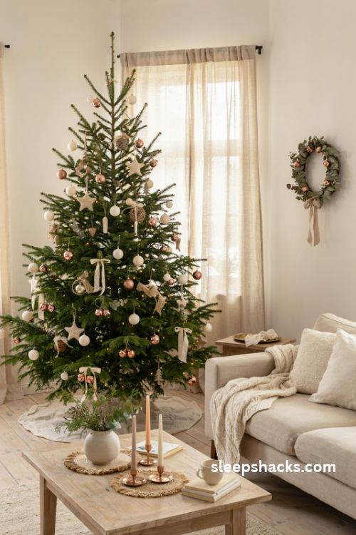 Copper and warm cream christmas tree with knitted ornaments and farmhouse decor