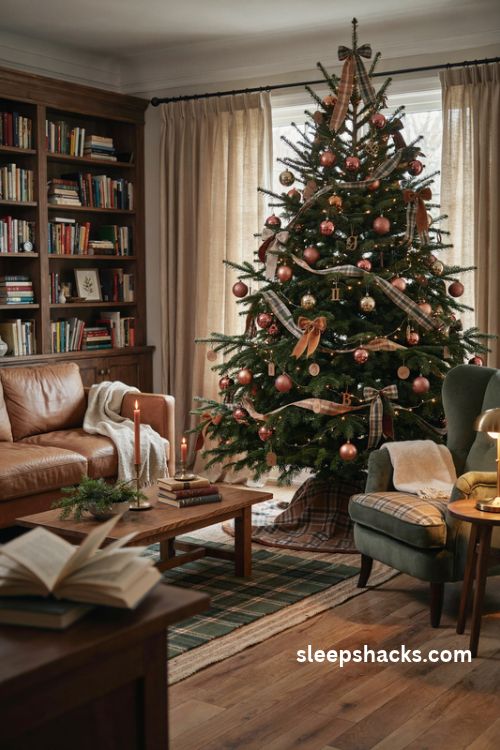 Copper camel and plaid christmas tree with cozy leather sofa and library decor