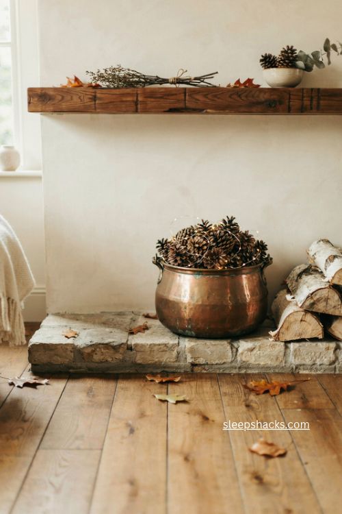 Copper cauldron fall fireplace decor with pinecones and fairy lights 