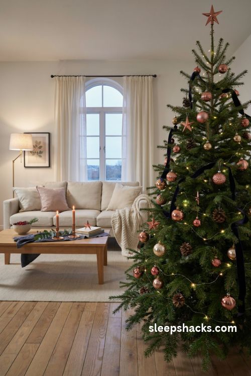 Copper christmas tree color schemes with navy green blush and warm metallic ornaments