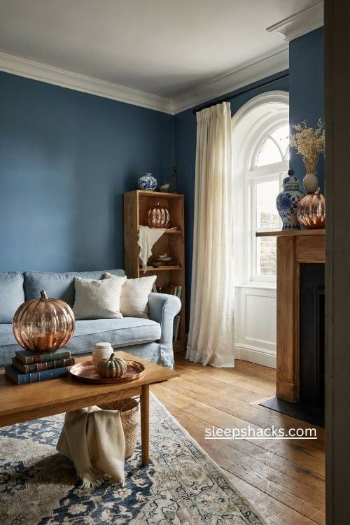 Copper glass pumpkins with blue and white fall decor and warm tray
