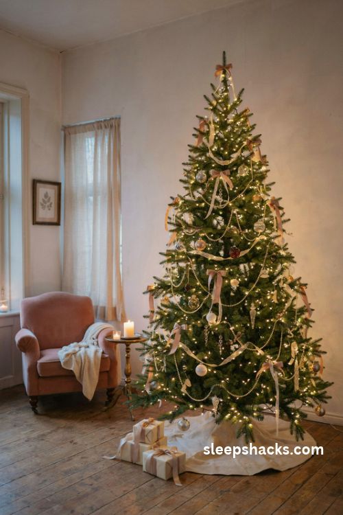 Coquette Christmas tree glowing with warm candlelight style lights blush bows and pearl garlands
