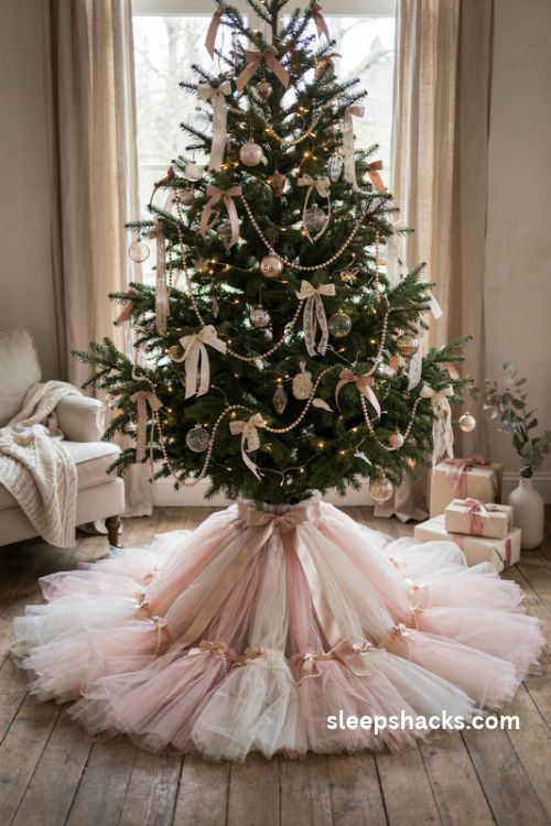 Coquette Christmas tree with a fluffy blush pink tulle tutu tree skirt and satin bows
