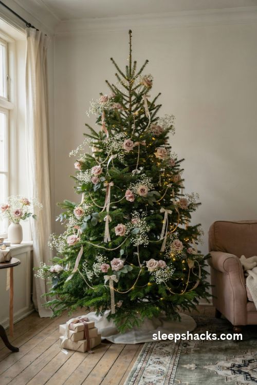 Coquette Christmas tree with blush roses dried flowers lace ribbons and pearl garlands