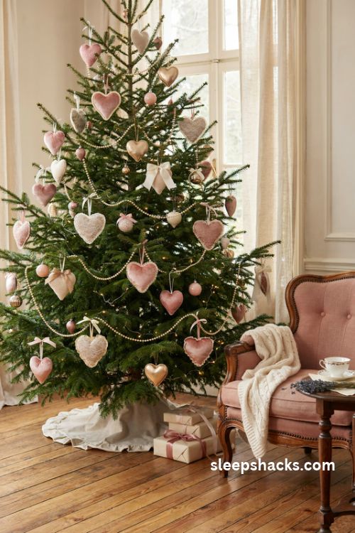 Coquette Christmas tree with blush velvet lace and glitter heart shaped ornaments