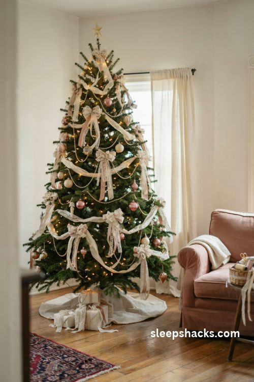 Coquette Christmas tree with ivory lace ribbon ruffled bows and blush satin accents