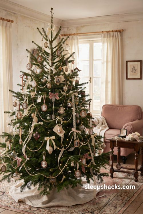 Coquette Christmas tree with vintage gold lockets cameo charms satin bows and pearl garlands