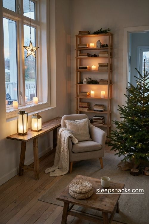 Cordless rechargeable christmas lighting with glowing gold stars portable lanterns and warm flameless candles