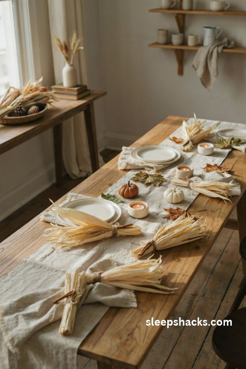 Corn husk bundles tied with twine and wheat for rustic Thanksgiving harvest decor