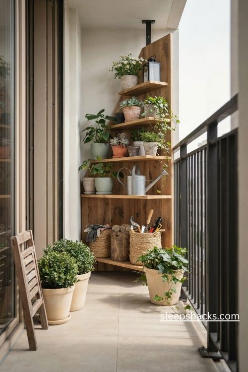 Corner shelf units for small balcony storage with tiered wooden shelves and potted plants 