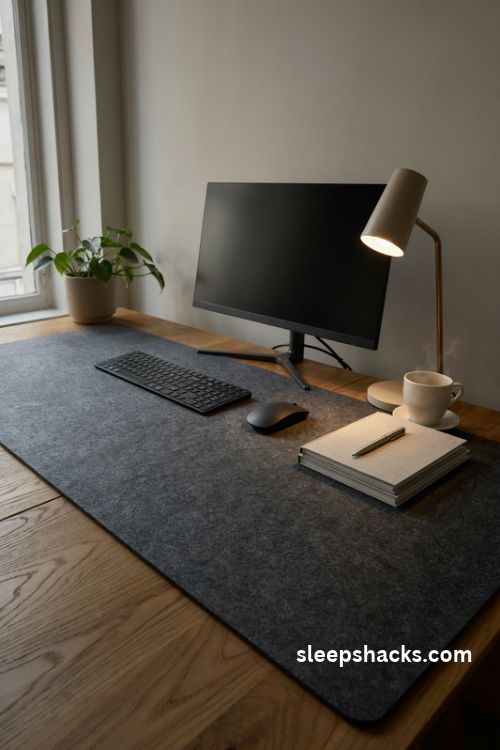 Corporate office desk decor with a charcoal felt or camel leather desk mat and minimalist accessories