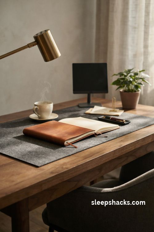Corporate office desk decor with a cognac leather notebook and elegant metal writing pen