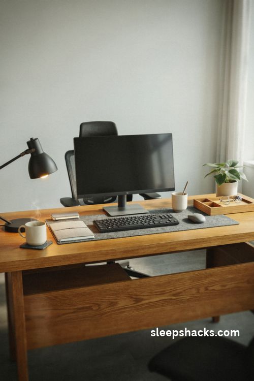 Corporate office desk decor with a cohesive neutral palette of black white gray and natural wood