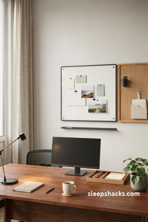 Corporate office desk decor with a compact wall whiteboard and neatly organized workspace