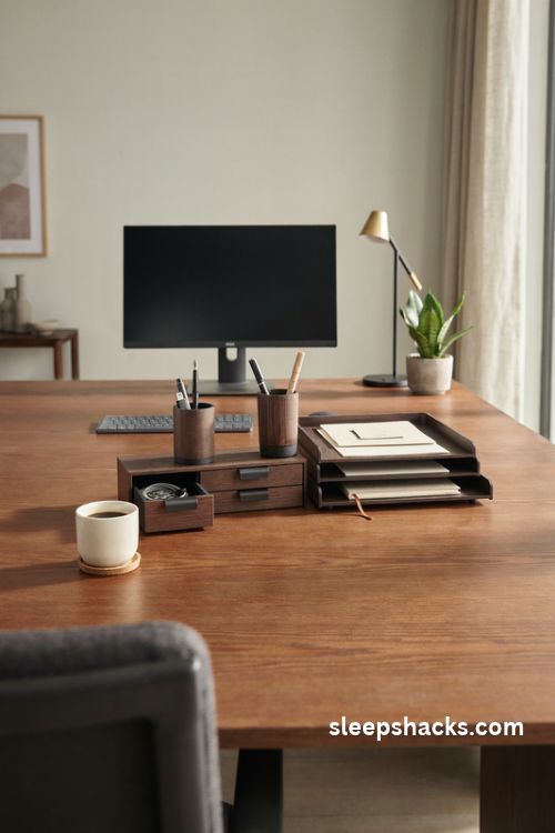 Corporate office desk decor with a matching wood and black metal organizer set