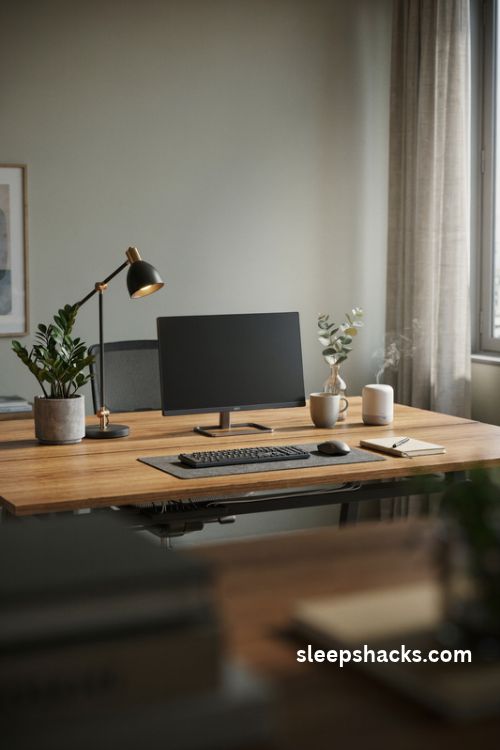 Corporate office desk decor with a minimalist USB desk diffuser and calming neutral accessories