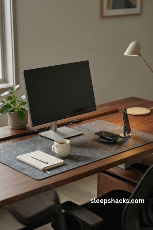 Corporate office desk decor with a minimalist wireless charging station and hidden cable management