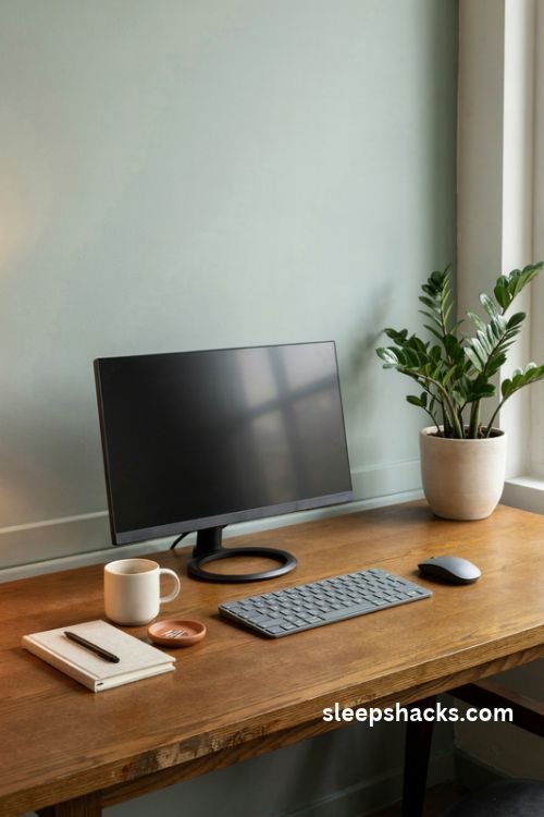 Corporate office desk decor with a single green ZZ plant in a minimalist ceramic pot
