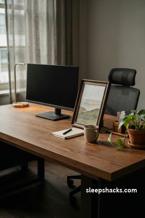 Corporate office desk decor with a small walnut framed landscape print and minimalist accessories