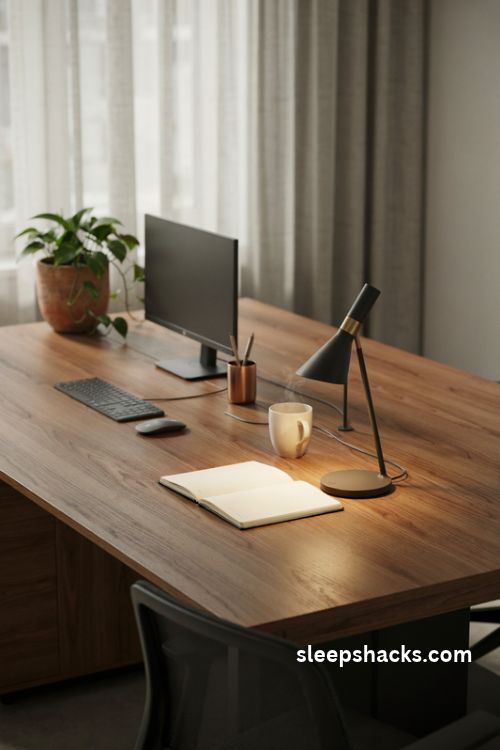 Corporate office desk decor with a warm adjustable task lamp and a polished minimalist workspace