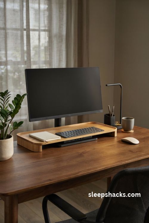 Corporate office desk decor with a wooden monitor riser and neatly organized ergonomic workspace
