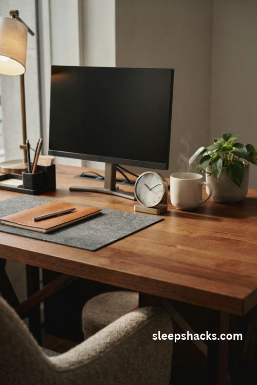 Corporate office desk decor with an elegant brass analog clock and classic walnut accessories